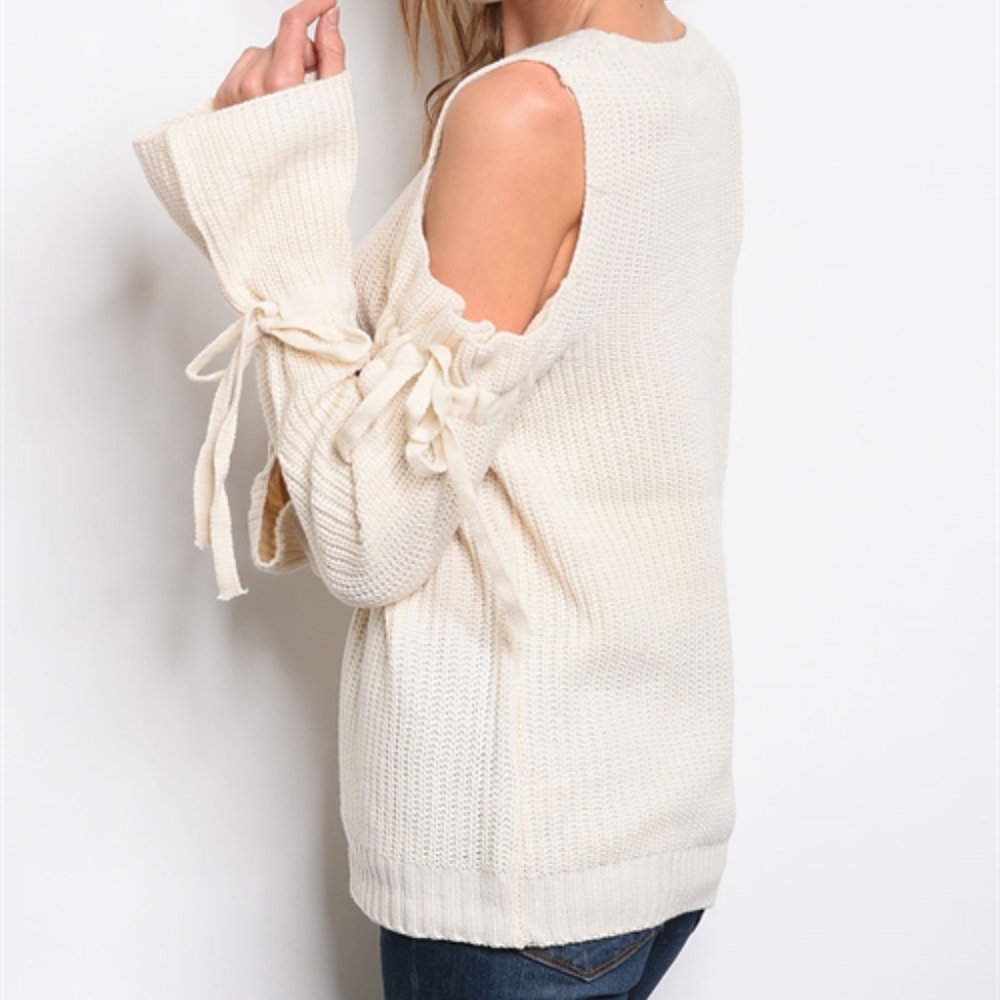 SALE! OATMEAL COLD SHOULDER BELL SLEEVE SWEATER - Picture 3 of 6